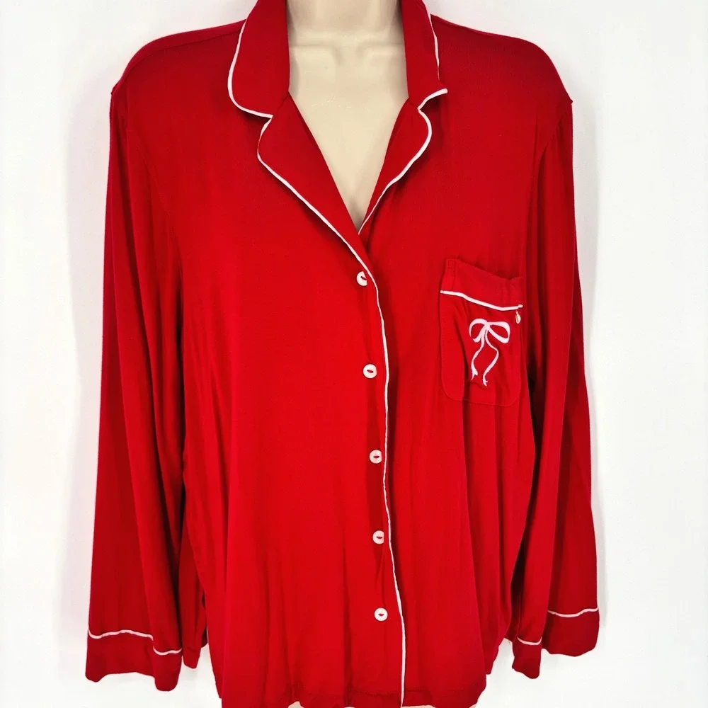 Victoria's Secret Red Modal Pajama Set Long Sleeve Button Top Crop Pants Sz L